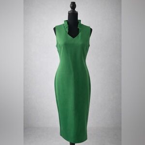 New York & Company Emerald Green Ruffle Collar Midi Sheath Dress